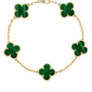 Clover Bracelet, 5-Motif Quatrefoil Alhambra, Green Malachite & Gold, New